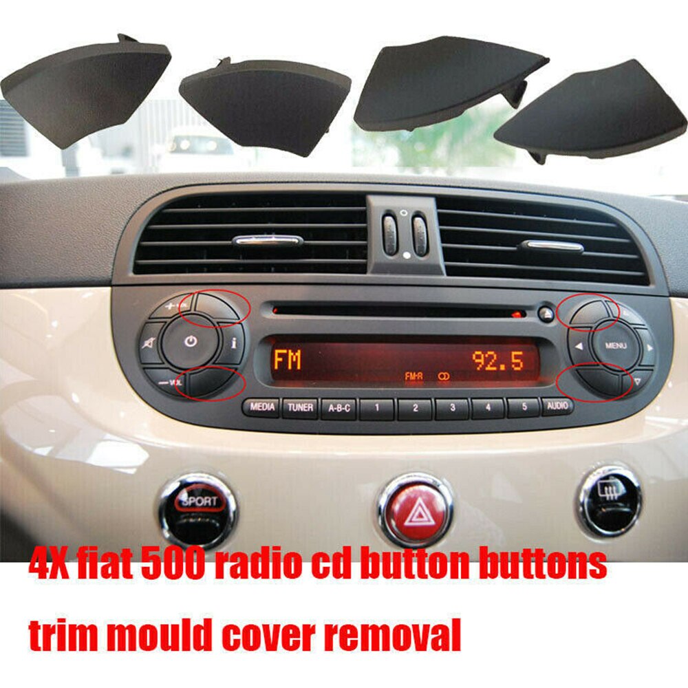 4X Black Buttons Trim Cover For Fiat 500 Radio Cd Button Black Trim Mold Cover Removal Easy Replacement