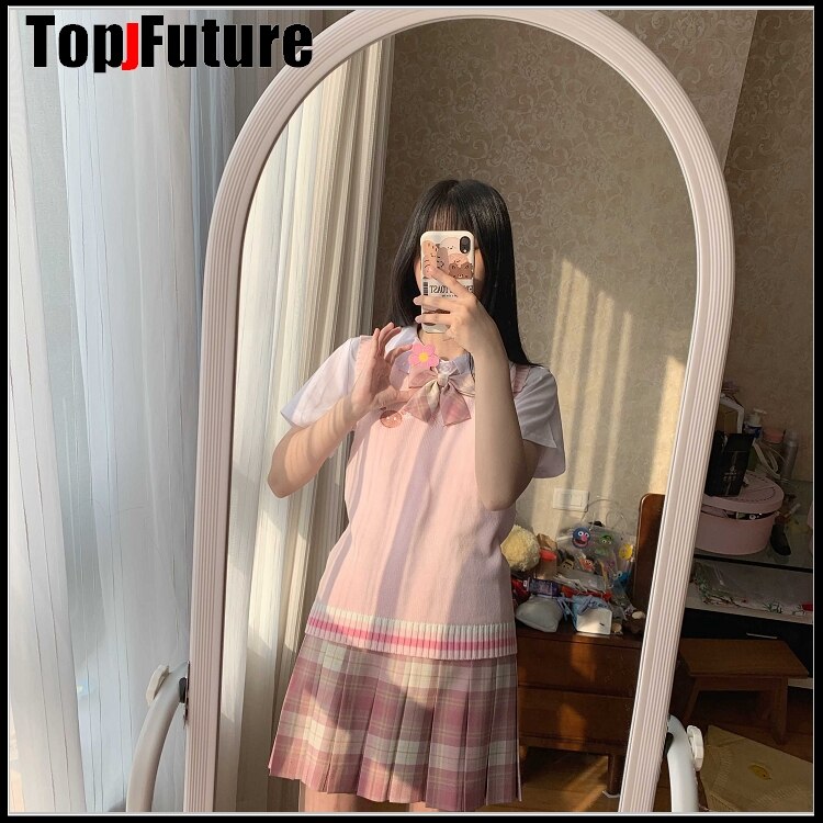 PINK Japanese girl's Knitted Vest cute versatile sweater school Uniform Cardigans PINK BIG NOSE embroidery sweater