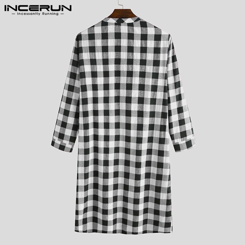 Plaid Men's Sleep Robes Homewear Soft Loose Long Sleeve V Neck Button Long Pajamas Leisure Men Nightgowns S-5XL INCERUN