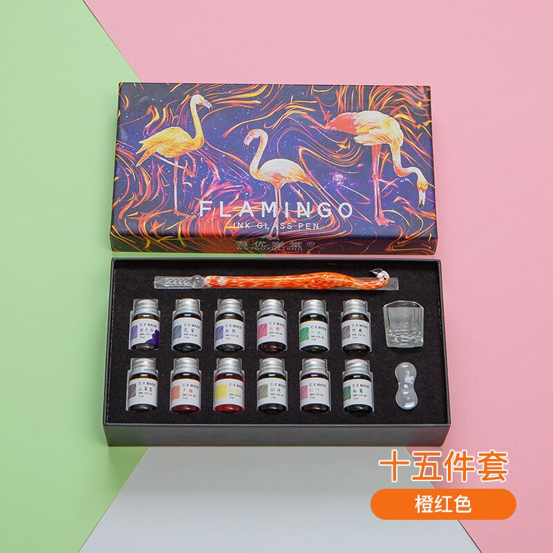 5/15pcs Glass Dip Pen In Water Pencil Color Ink Glass Signature Pencils Stationery Dip Pens And Ink Sets: 15 Orange Red