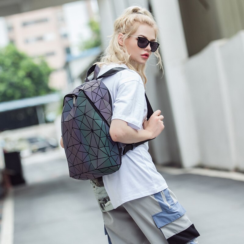 Couple Luminous Folding Set Backpack Chain Bag And Colorful Clutch Bag Rhombus College Style Personality Backpack Women