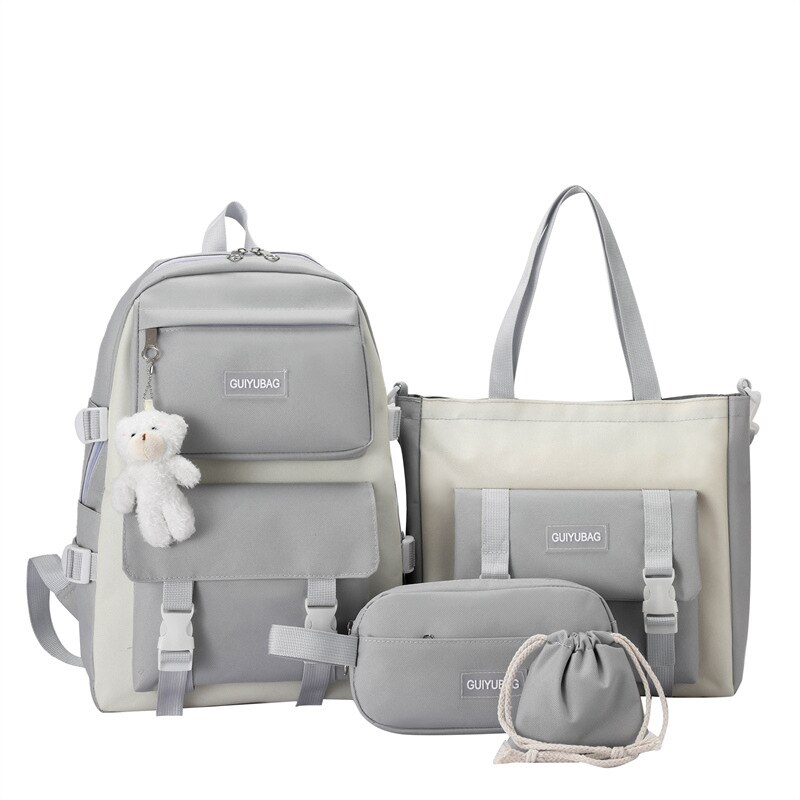 Fengdong 5 Stks/set Student Schooltas Zwart Wit Mode School Rugzak Voor Tienermeisjes Handtas Schoudertas Potlood Tas Set: Grey