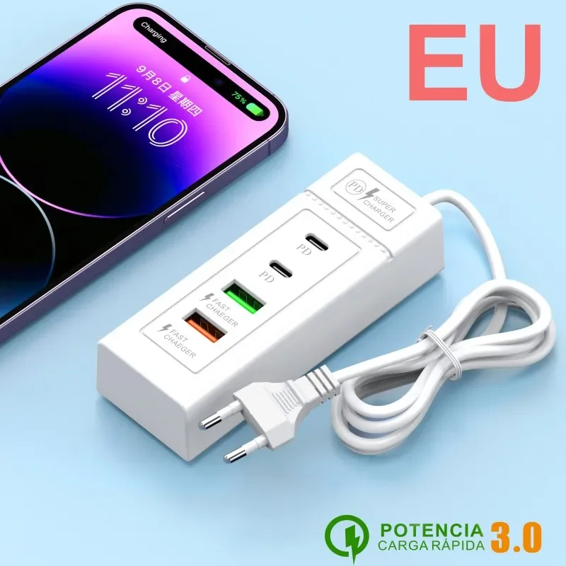 4- porters usb c hurtigladende reiselader med 1m kabler multiporter type c vegglader eu/us/uk plugg pd strømadapter lader