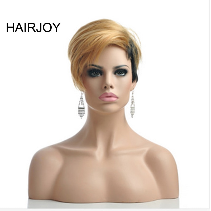 Hairjoy Capless Synthetische Vrouwen Blond Zwart 2 Tones Dubbele Kleur Korte Steil Haar Pruik Dagelijks