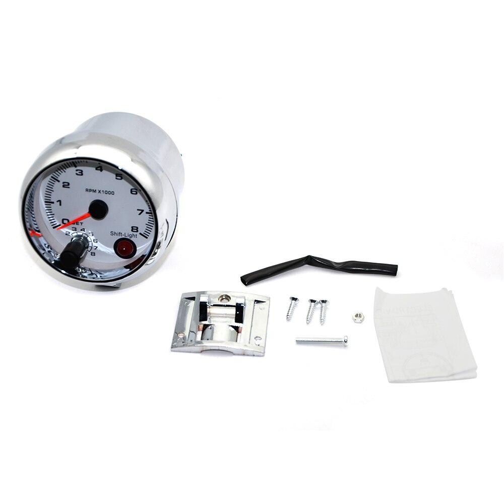 3.75" 95mm White Electrical Tachometer RPM Gauge With Internal Shift Light 4 6 8 Cylinders Chrome Rim