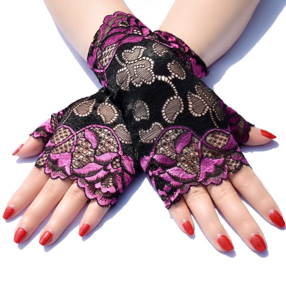 Women Sexy Fingerless Gloves Half Finger Sunscreen Short Lace Gloves Rose Flower Pattern Festival Gloves