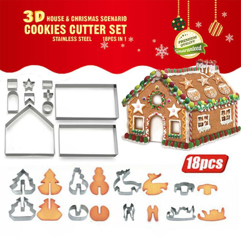 18PCS 3D Christmas Cookie Cutter Set Stainless Steel Xmas Biscuit Mold Gingerbread House DIY Baking Pastry Tool Kitchen Toys