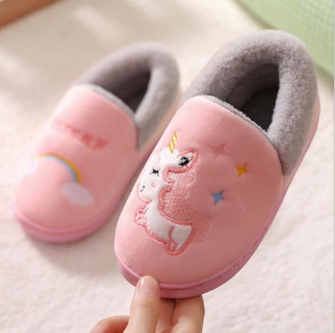 Eenhoorn Kids Slippers Voor Peuter Jongens Indoor Schoenen Baby Meisje Bont Slides Katoen Flip Flop Warme Winter Huis Kinderen Slipper: pink grey / 30-31