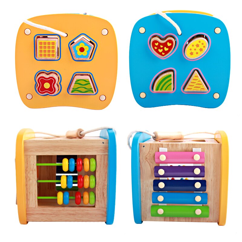 Cartoon Wooden Shape Block Shape Sorting Cube Classic Wooden Toy Easy-to-Grip Shapes Knocking Abacus Beaded Numeral Fruit toy