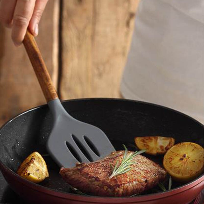 7PCS Silicone Spatulas Cooking Utensils sets Wooden Handle Non-Stick Spatula Spoon Colander Kitchen Cooking Tools Gadget BS