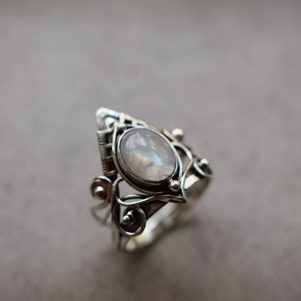 Anillo Punk Vintage para mujer, piedra lunar llena de oro blanco, , boda, joyería de