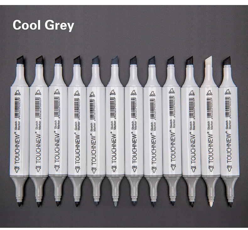 10/30 stk. kunsttusj med dobbel ende, alkoholbasert blekk, nøytral grå farge, skissegråtoner til grafisk tegning
