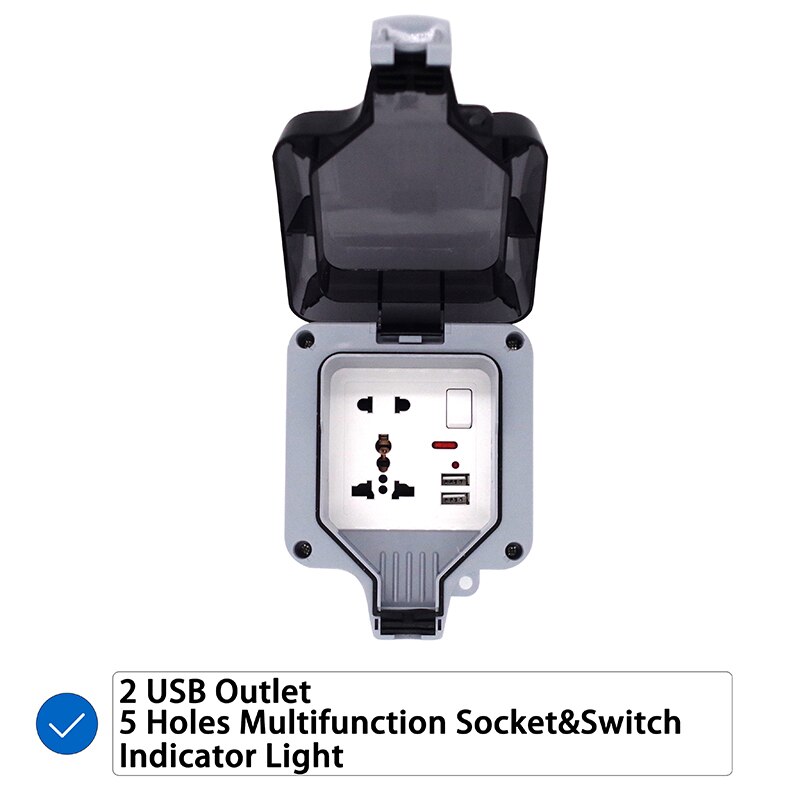 EU UK British Germany European Russian USB 1 Gang Waterproof Socket Enclosure Box Outdoor Outlet Weatherproof 13A 16A Plug In: 5 Holes USB Socket