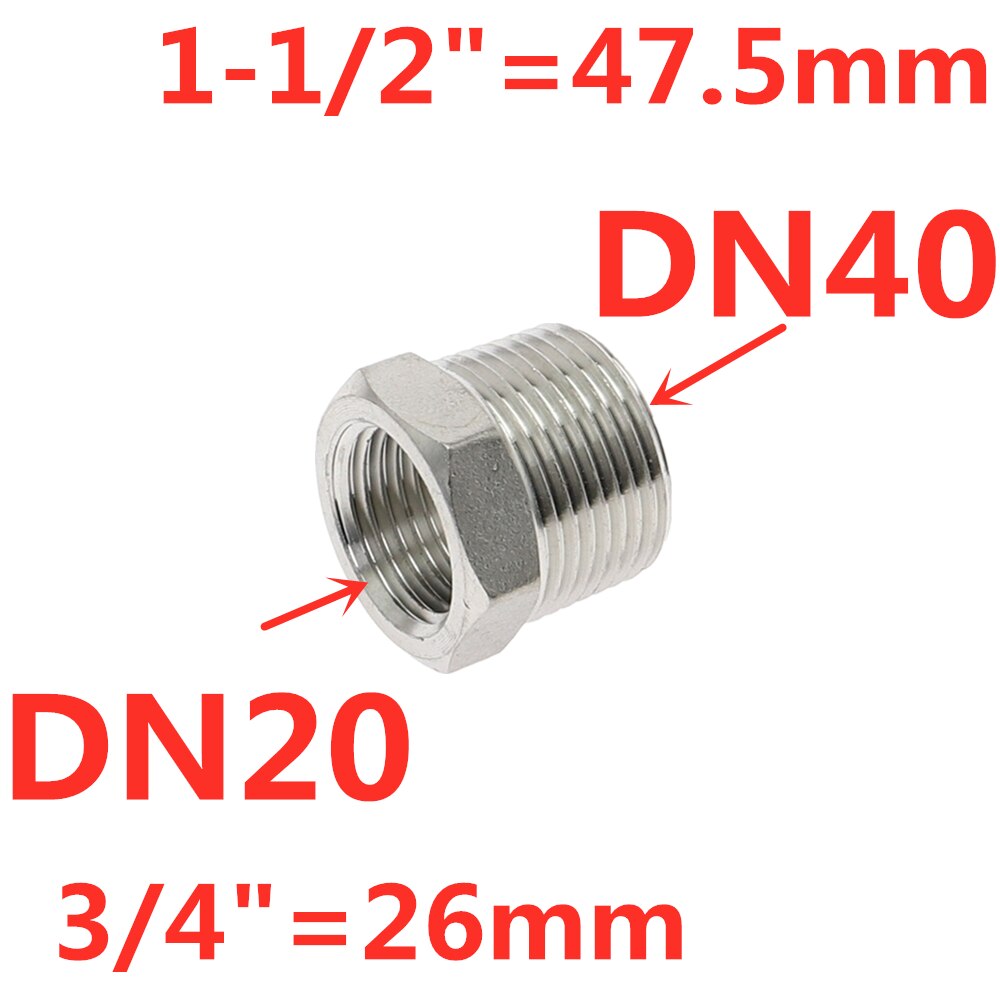 Tonisoiva sydämen vähennysholkki 1/8 &quot; 1/4 &quot; 3/8 &quot; 1/2 &quot; bsp uros/naaraskierre  ss304 ruostumattomasta teräksestä valmistettua putkiliitosta vesikaasuöljylle: Dn40 to dn20
