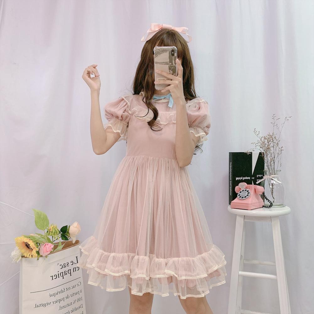 summer short sleeve Lolita dress puff sleeve mesh student sweet kawaii pink dress Cos Loli Vestidos