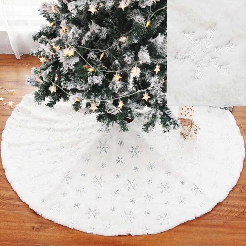 3 farver pailletter snefnug mønster træ nederdel juledekorationer blød whit plys tæppe 90cm/122cm juletræ nederdel hjemmeindretning: Fliser snefnug / 122cm
