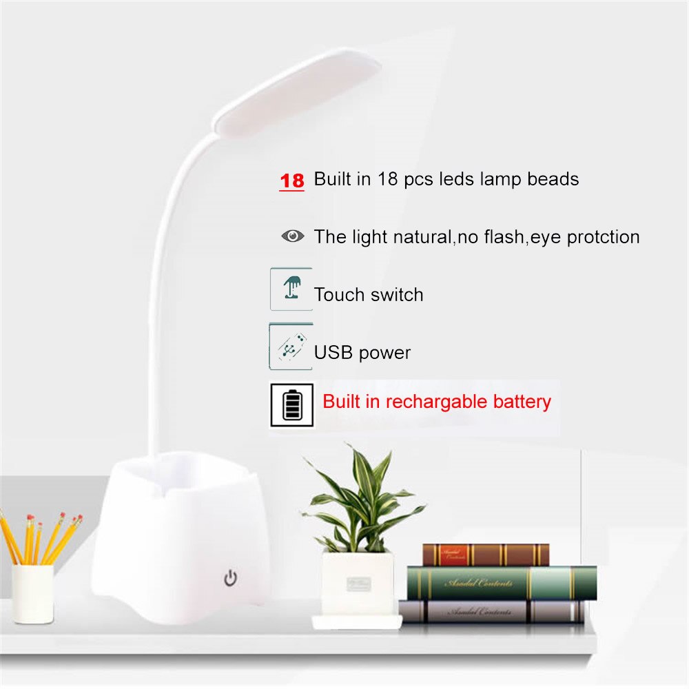 portable LED Touch On/off Switch LED Desk Lamp 3 Modes Dimmable Eye Caring LED Table Lamp light USB Rechargeable With Pen Holder