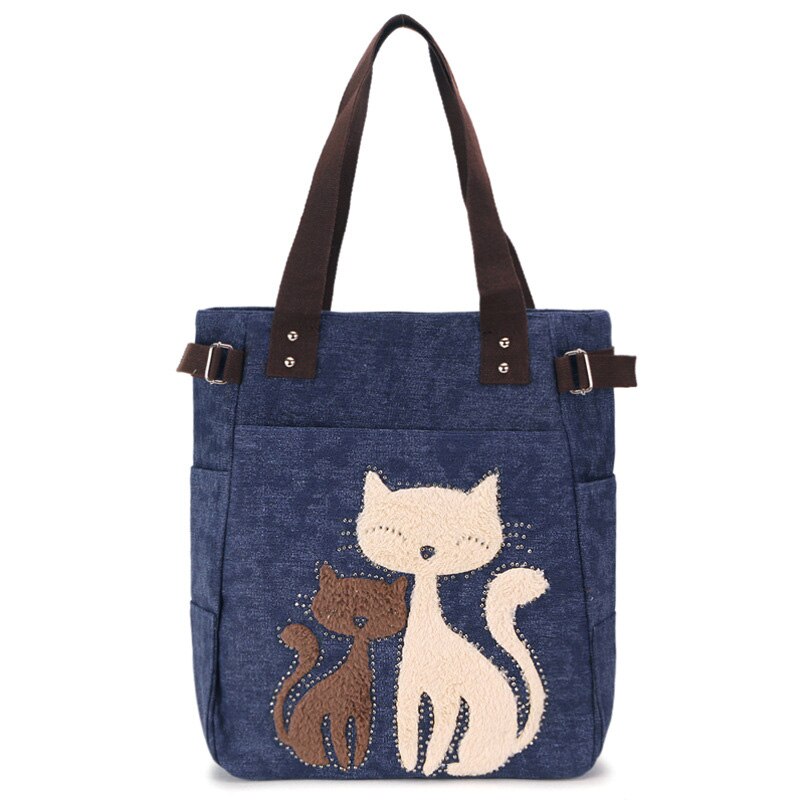Dames Canvas Tas Vrouwen Schoudertassen Vrouwelijke Leuke Kat Handtas Casual Totes Lady College School Boeken Tas Boodschappentas Voor meisjes: Deep Blue