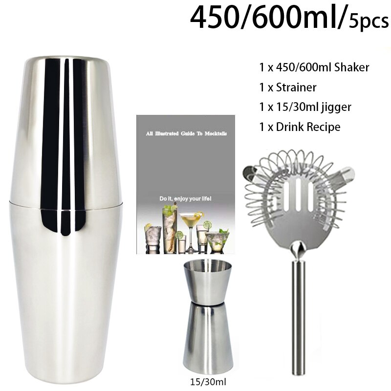 Stainless Steel 550ml/450ml/600ml/750ml Shaker Cup With Measuring Cup Cocktail Shaker Set Cocktail Kit Bar Tools Stand Recipe: 5Pc 450ml 600ml