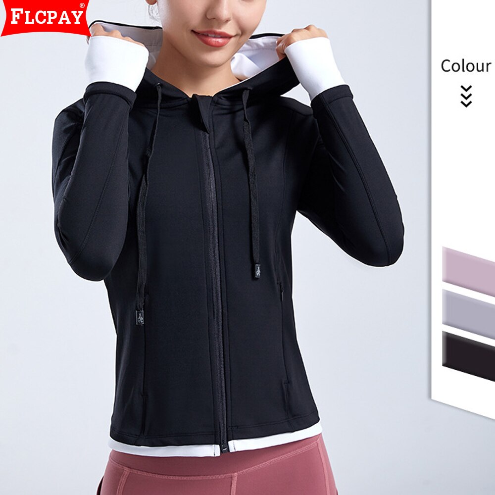 Chaqueta deportiva para mujer, con agujero en el pulgar, transpirable, para correr, de manga larga, para Yoga, adelgazante, con capucha, Top con cremallera