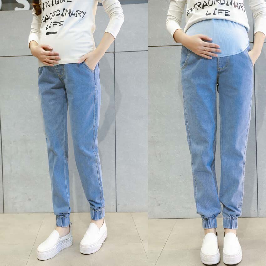 Elastic Waist Hole Stretch Denim Maternity Belly Jeans Autumn Spring Pants Clothes for Pregnant Women Pregnancy Pencil Trousers: Light Blue / XXL