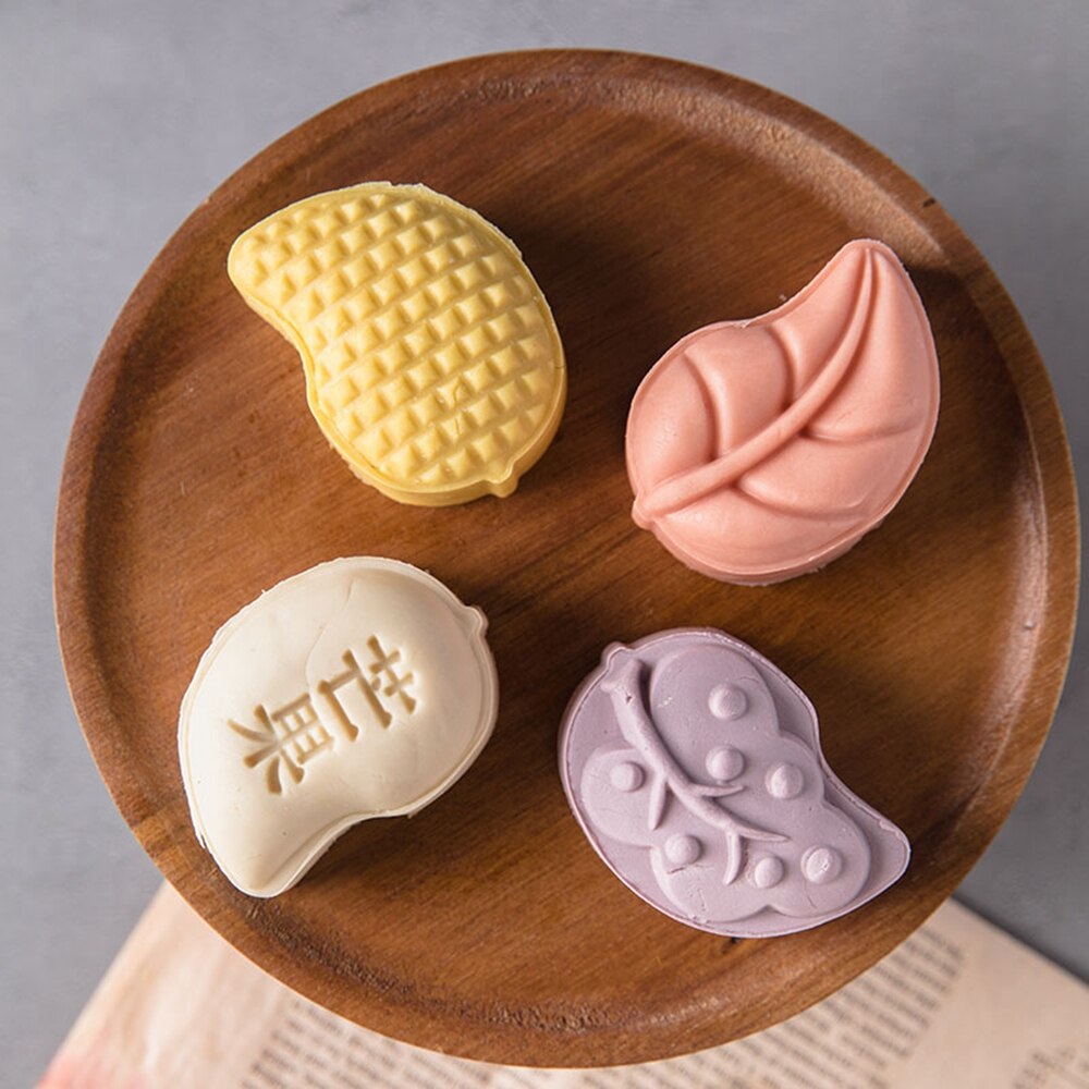 Moon Cake Decorating Tools Oriental Pastry Leaf Mango Shaped Mooncake Mold Hand Pressure Fondant Pastry Baking Tool 4pcs Set