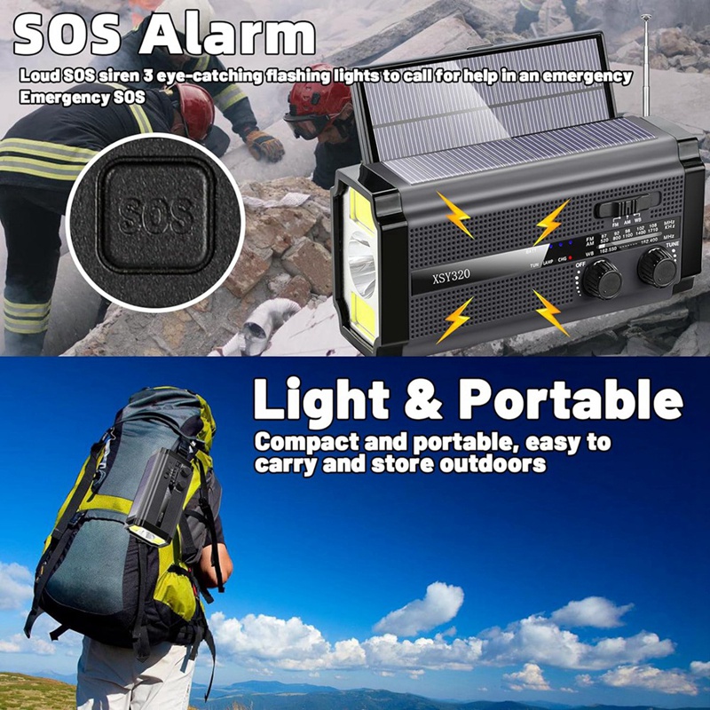 Emergency Weather Radio Hand Crank Solar Radio Portable AM/FM/NOAA Radio With 5 Charging Modes Cell Phone Charger