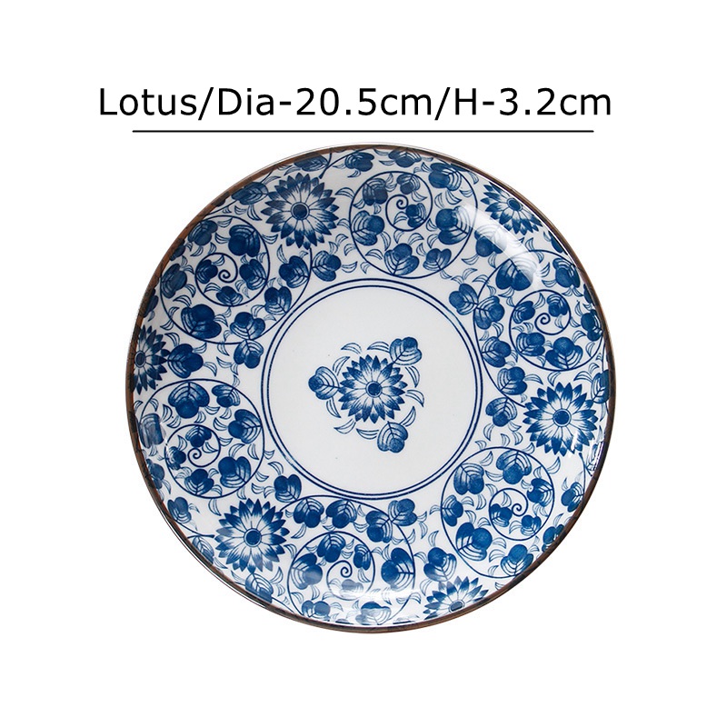 8 inch Japanese Dinner Plate Blue and White Ceramic Dinner Dishes Lotus Orchid Dinnerware Steak Pasta Dishes: Lotus