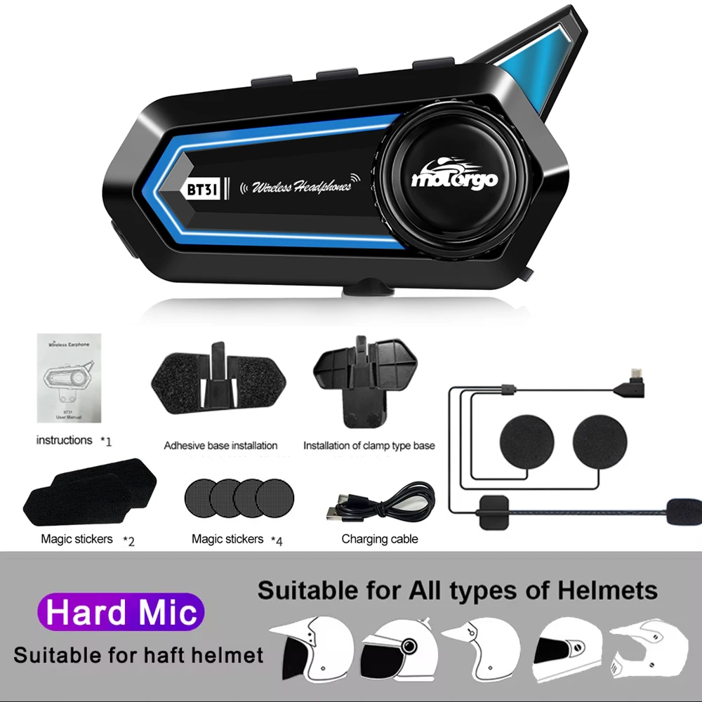 Bluetooth 5.3 Motorcycle Helmet Headset Waterproof IPX6 Hands-Free LED Y10