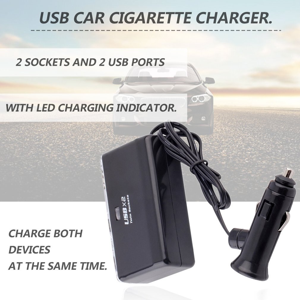 Universele dubbele aansluiting, 2 usb-poorten, auto, sigarettenaansteker, splitter,  dc 12v/24v auto-oplader, stopcontact, zwart