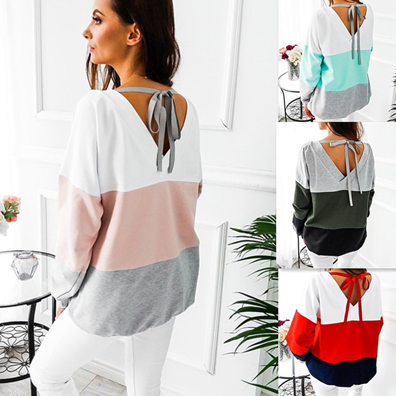 Female Pullovers Tops Sport Colors Patchwork Women O-Neck Sweatshirts Back Lace-up Long Sleeve Tennis T-Shirt