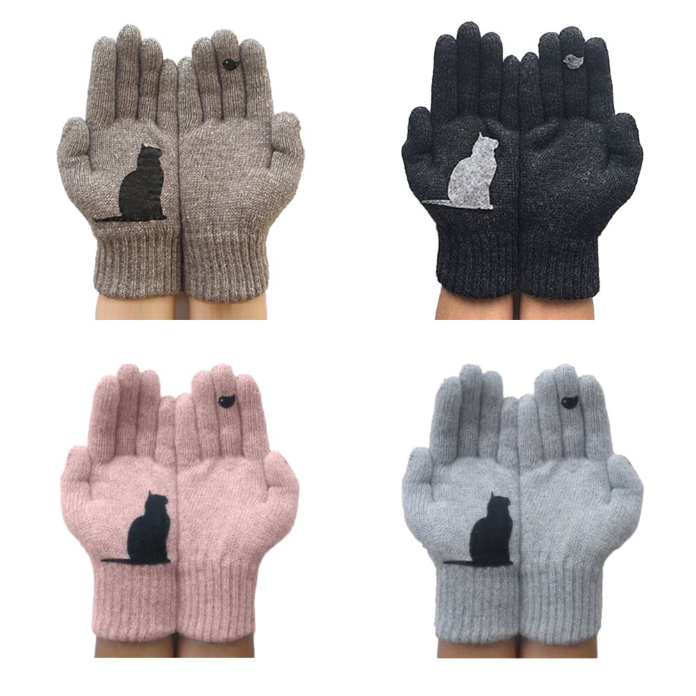 Vinter kvinder handsker kawaii kat fugl print patchwork uldne holde varmen handsker afslappet udendørs sport