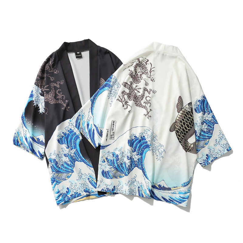 Japanese Style Carp Printing Kimono Haori Traditional Men Women Three Quarter Cardigan Shirt Thin Section Asian Clothes