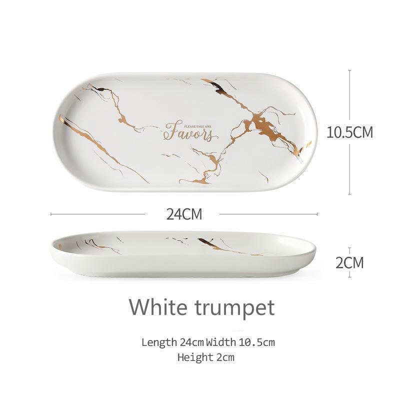 Plato ovalado largo para postres, aperitivos y pasteles, pastelería, plato de comida occidental, plato de cerámica de mármol nórdico para desayuno, accesorios Ableware: White Trumpet