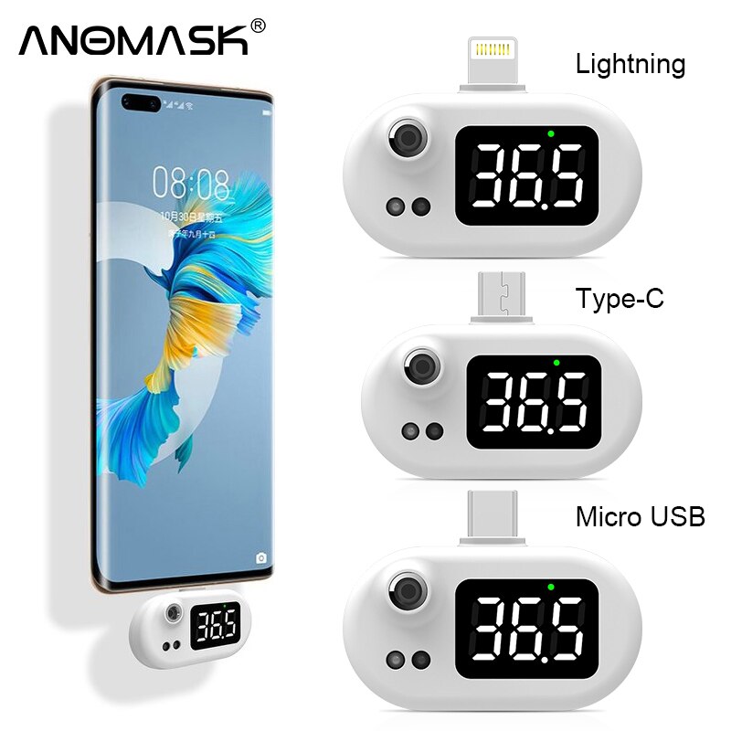 Termómetro inteligente USB con pantalla LED, Mini termómetro infrarrojo sin contacto con teléfono móvil, con junta tipo C para teléfonos