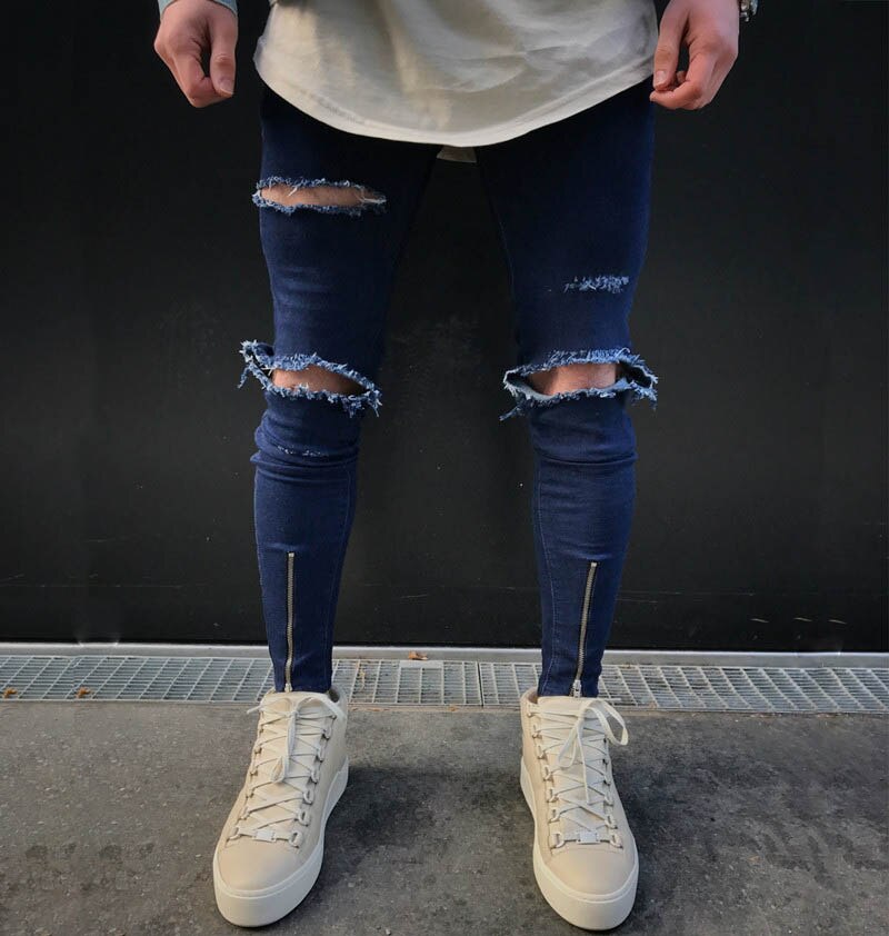 Straße Hiphop Männlichen schlank passen Jeans Männer Knie große See Denim Hosen Zerrissene Bettlern Punk gotisch Blau gewaschen Jeans kostümich