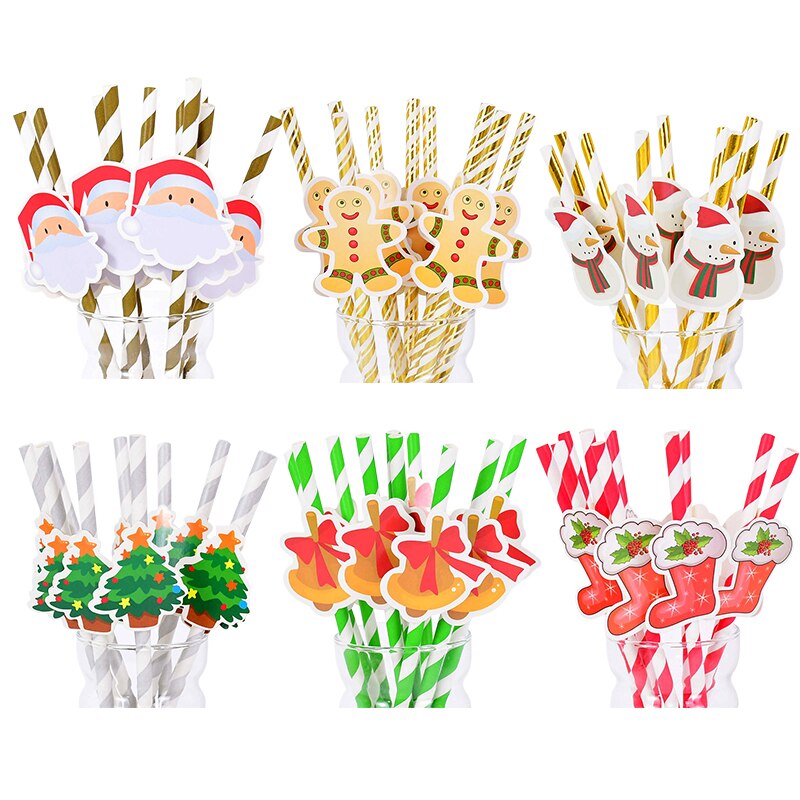 10pcs/set Santa Claus Snowman Elk Paper Drinking Straws Christmas Party DIY Paper Straw Tableware Year Party Decor Supplies