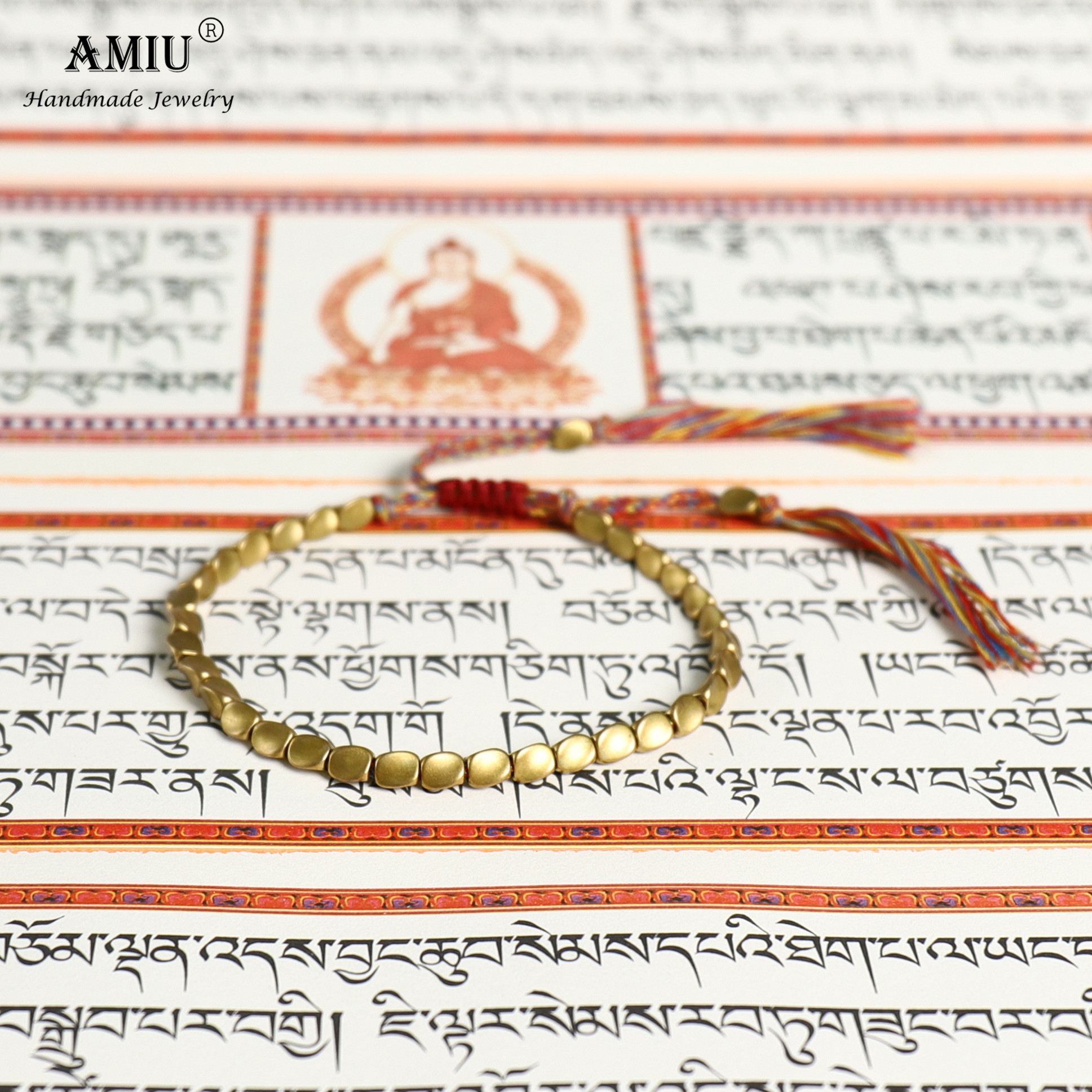 Pulseira de algodão feita à mão amiu, contas de cobre tibetanas, corda da da sorte, bracelete para mulheres e homens