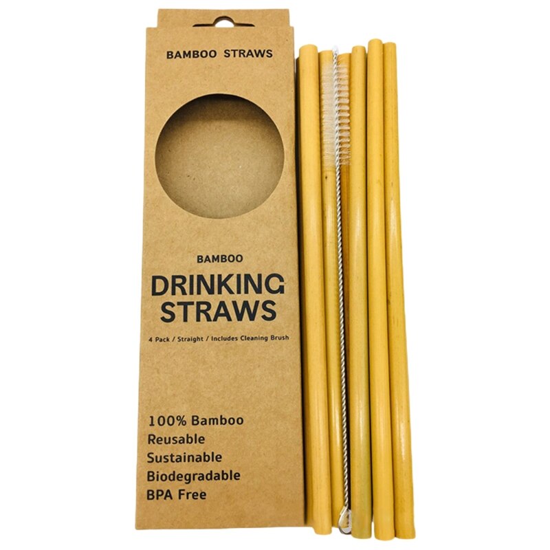 12 Stuks Natuurlijke Milieuvriendelijke Duurzame Herbruikbare Bamboe Rietjes Met Cleaner Brush &amp;: Yellow bamboo set