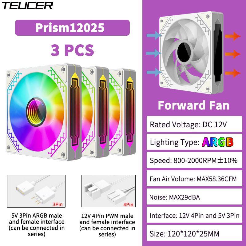 Teucer prism 12025 pc kabinetblæser 120mm 5v 3- pins argb cyklisk spejllyseffekt pwm 800 to 2000 rpm køleblæsersæt 3 stk.: Lyserød