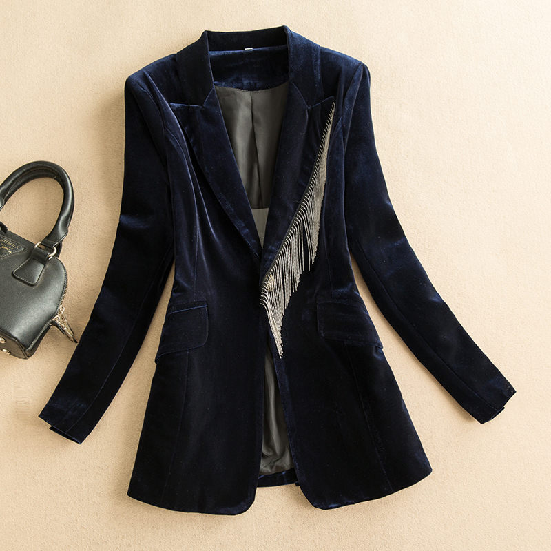 Chaqueta de traje de terciopelo negro dorado para mujer, chaqueta de de autocultivo con temperamento, abrigo con borlas de gama alta y901, primavera y otoño