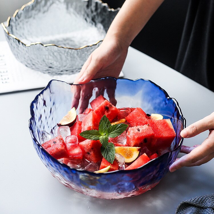 Cuenco de vidrio de corte dorado de estilo japonés, cuenco grande transparente Irregular para ensalada de verduras y frutas, cuenco rojo de Red, cuenco de postre