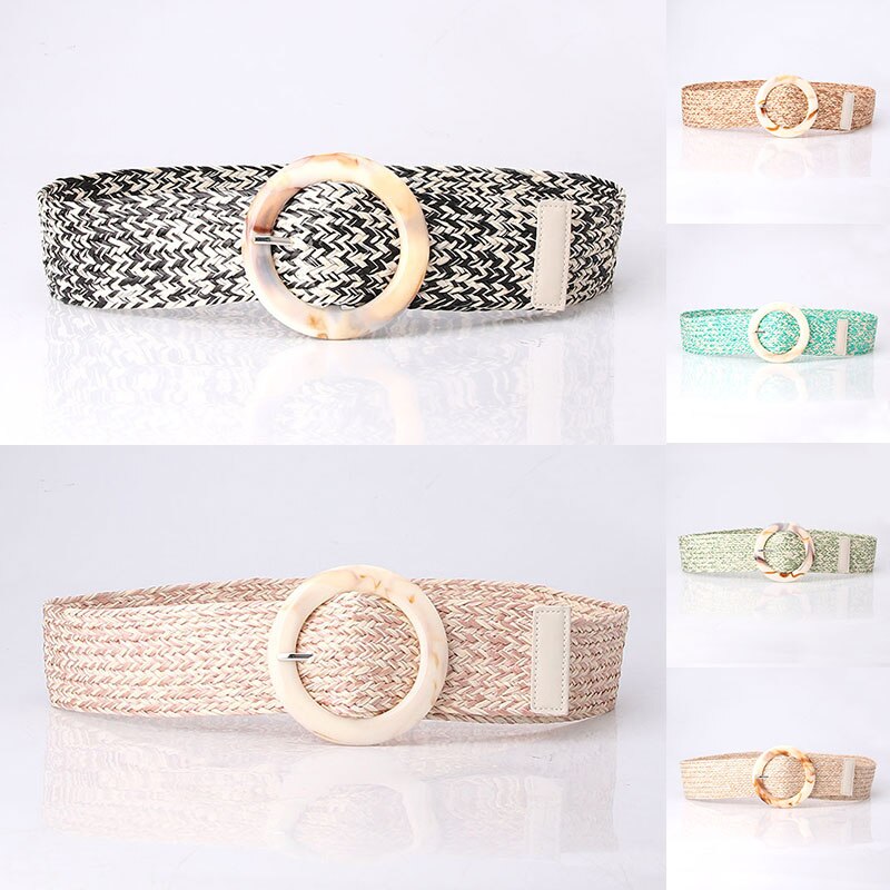 Summer Women Braided Elastic Belt Round Resin Buckle Vintage Bohe Straw Buckle Belt Dress Shirt Dress Belt Female Knitted Belt