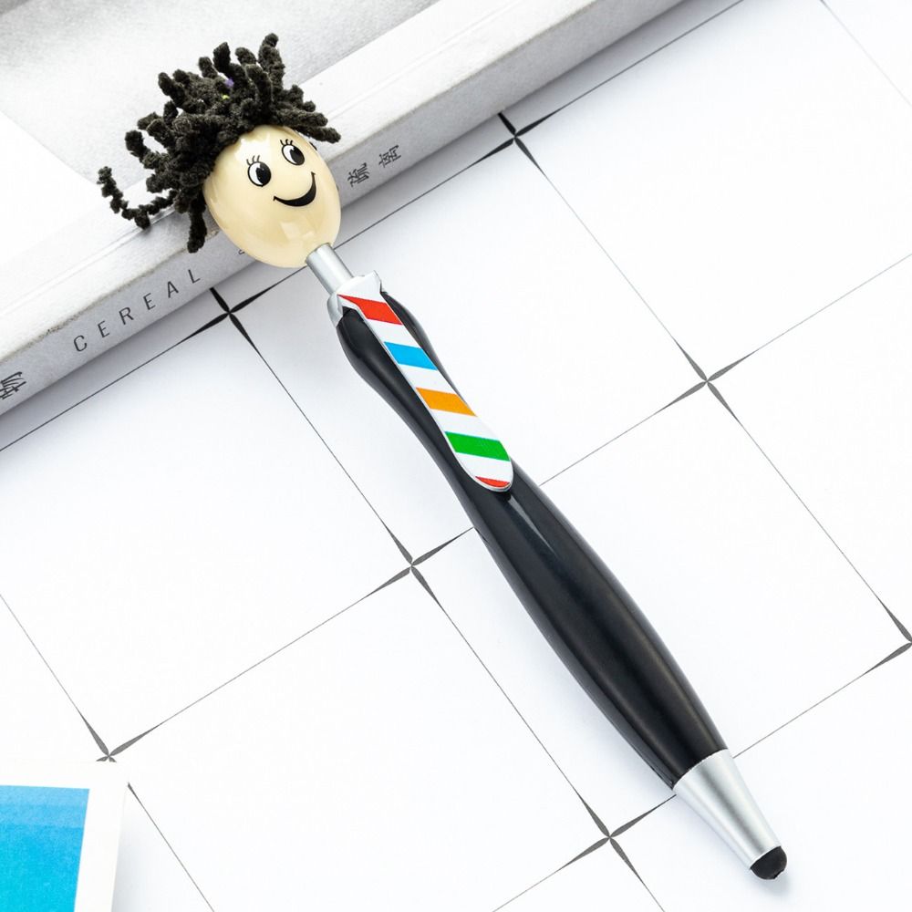 Estantes de cabeza de fregona de pelo de felpa, bolígrafos con pintura, expresión Facial, bolígrafos con forma de muñeca de dibujos animados, cara sonriente colorida: Blanco