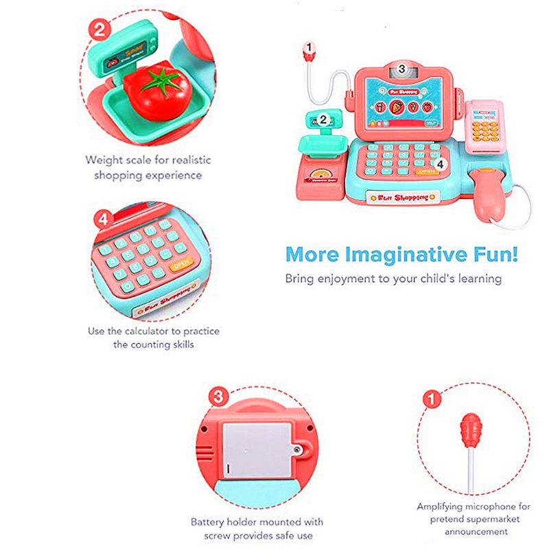 Durevole registratore di cassa giocattolo finta gioca giocattolo educativo con scanner suono musica microfono calcolatrice drogheria giocattolo regalo per ragazze