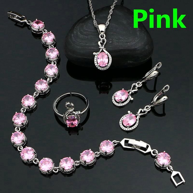 Weiß Topas Schmuck einstellen Silber 925 Offenen Ring Ohrringe Armbinde Kette Anhänger Klassische Hochzeit Zubehör für Frauen: Rosa