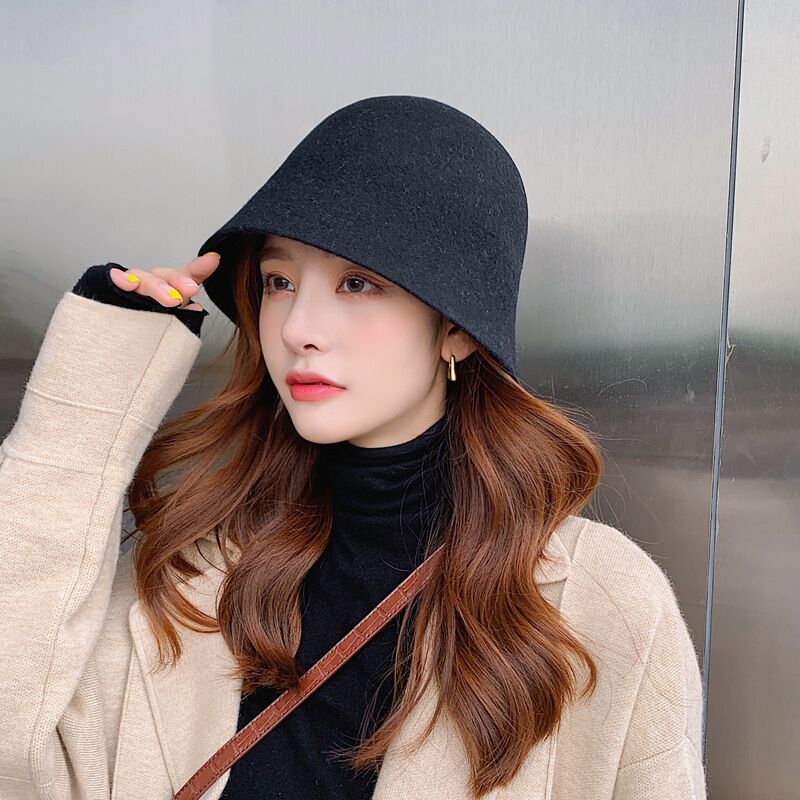 Hiver chapeaux pour femmes décontracté à court bord disquette laine Cloche chapeau dame rue chapeau tempérament sauvage pêcheur chapeau: black