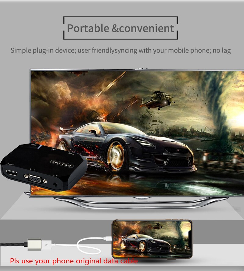 Wireless Wifi + USB Data Cable 2in1 HDMI VGA Allshare Cast Airplay Video Adapter for Huawei Xiaomi iOS Android Phone Link to TV