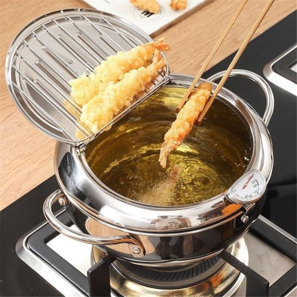 Stainless Steel Kitchen Tempura Fryer Pan Japanese Deep Frying Pot With A Thermometer And A Lid Fried Chicken Pot Cooking Tools