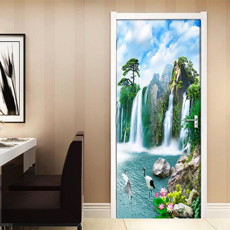 Waterfall Chinese Door Sticker 3D Nature Scene Living Room Bedroom Door Wallpaper Wall Stickers Self-Adhesive Waterproof Decor